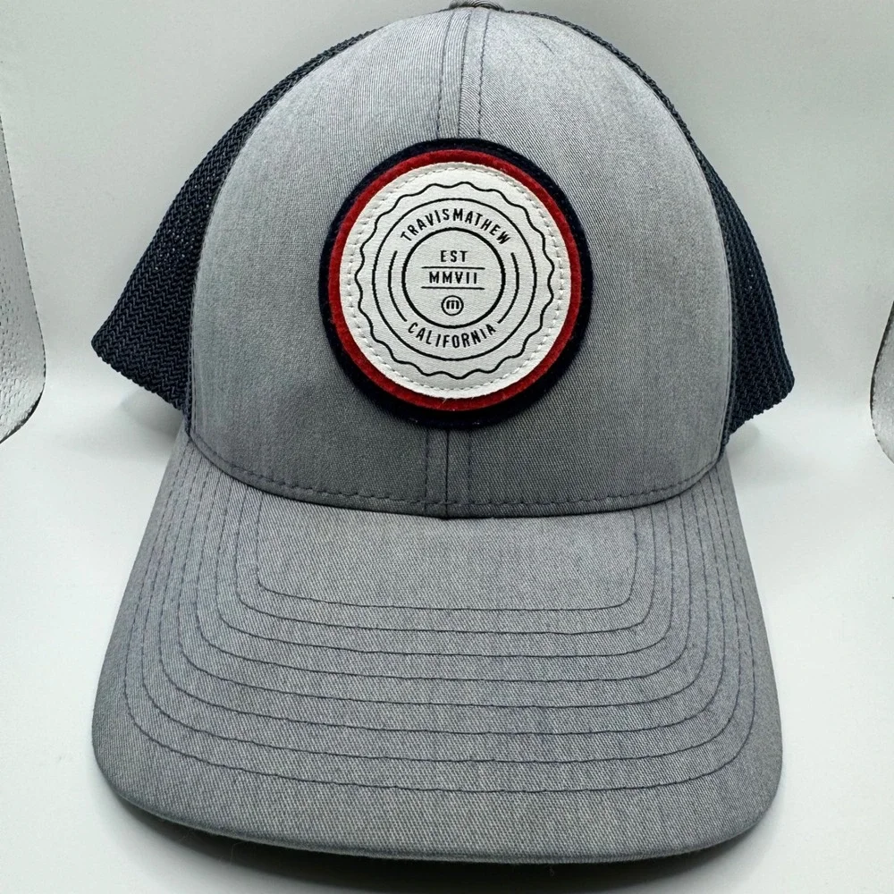 Travis Mathew Mens Flexfit 110 Trucker‎ Hat Grey Navy The Patch Golf Cap